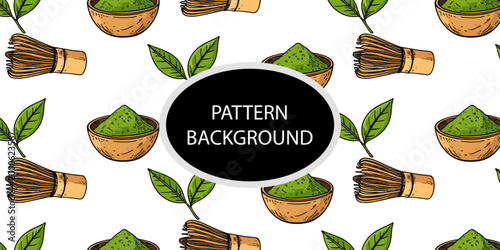 Handran popular matcha latte pattern background. Minimalist matcha leaf collection