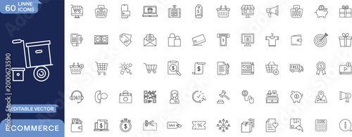 Modern ecommerce line icons set for online shopping apps websites digital marketplace retail payment delivery user interface editable vector collection