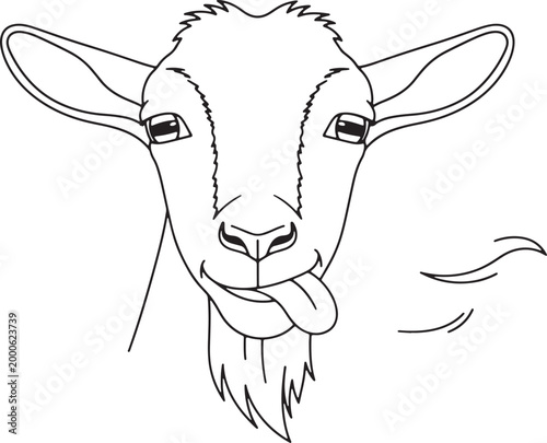 Line art drawing of goat head with tongue sticking out and beard, isolated on transparent background.