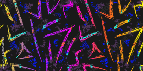 Vector abstract neon seamless pattern. Urban street art background with colorful grunge shapes, spots, brush strokes, lines. Funky sport style texture. Trendy  design for kids, teens, boys, girls