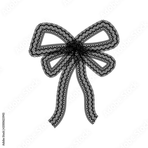 Delicate vintage black lace bow with intricate floral patterns. Dark coquette and gothic aesthetic ribbon vector illustration, ideal for Y2K fashion graphic design and apparel.