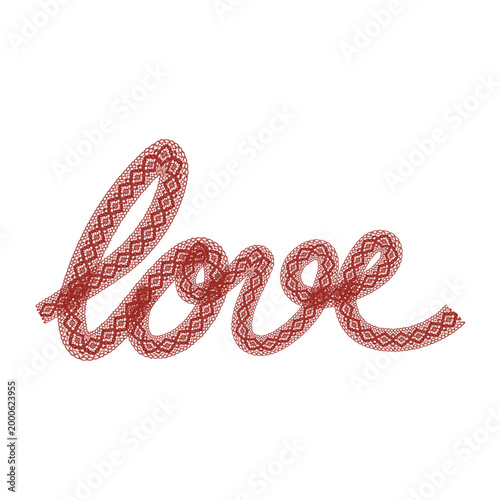 Elegant red lace typography featuring the word love. Vintage romantic coquette aesthetic ribbon lettering vector illustration perfect for Valentine's day, Y2K fashion, and greeting cards.