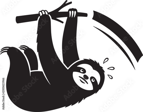 Black silhouette of sloth hanging from tree branch, sweat drops flying, isolated on transparent background.