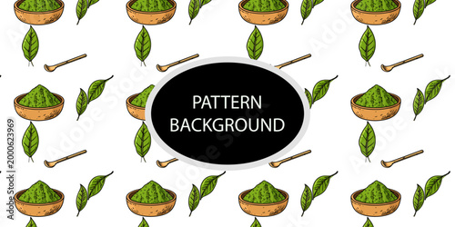 Handran popular matcha latte pattern background. Minimalist matcha leaf collection
