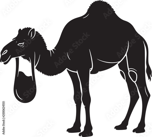 Black silhouette of camel with large hump and bag hanging from mouth, isolated on transparent background.