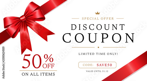Elegant vector illustration of a discount coupon template with red ribbon bow and premium promotional layout. Ideal for sale offers, retail marketing, voucher design and commercial advertising.