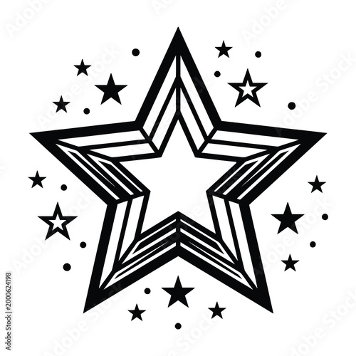 Large star symbol with smaller stars and dots on white background, abstract illustration