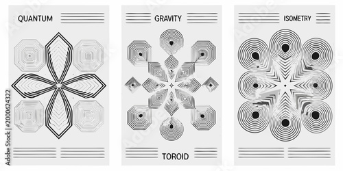 three monochromatic posters featuring abstract scientific patterns on white background high quality professional detailed modern