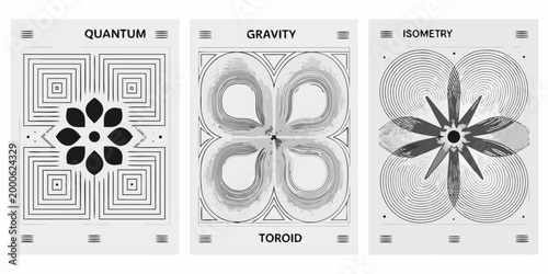three monochromatic scientific concept posters with abstract patterns high quality professional detailed modern elegant stylish