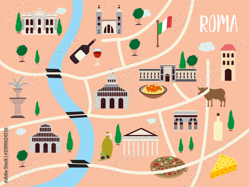 rome italian landmark cultural symbols illustration map ,europa tour tourism landmark poster attraction