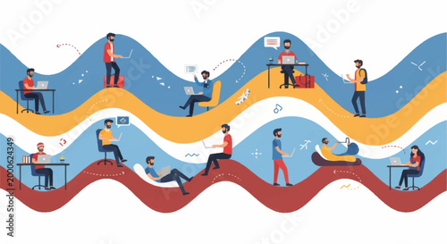 Diverse people working remotely on laptops in a stylized wavy environment.