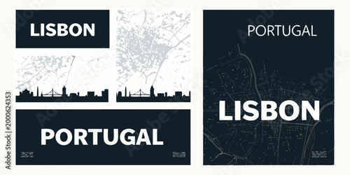 minimalist lisbon portugal cityscape posters with skyline and map high quality professional detailed modern elegant