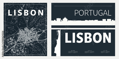 three minimalist lisbon posters with map skyline and text on dark background high quality professional
