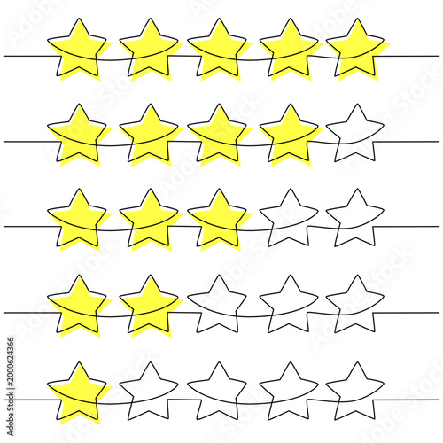 One continuous line drawing of five yellow stars.Rating service and high quality review and feedback from customer eps