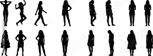 Collection of female silhouettes in various poses standing walking and dancing isolated on white background