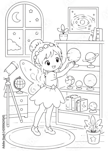 coloring book page fairy discovering planets and constellations from a tidy indoor observatory shelf