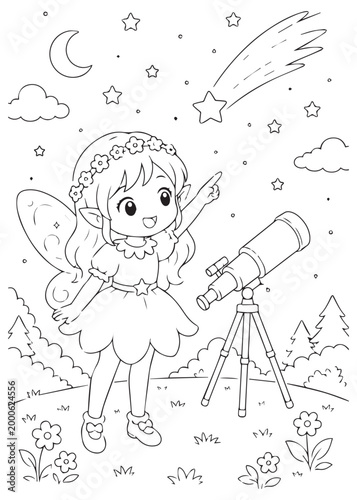 coloring book page fairy watching a shooting star while standing by a telescope outdoors
