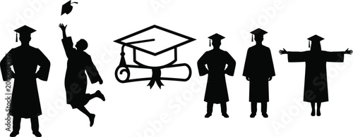 Graduation silhouettes with cap and diploma icon students celebrating academic achievement education success isolated collection
