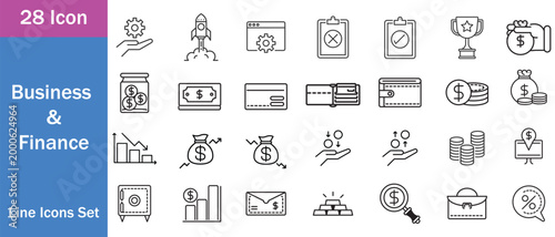 Money icon set outline style. Financial and banking line icon collection. Business and investment symbols. Wallet, cash, piggybank, bank, mobile banking concepts.