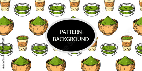 Handran popular matcha latte pattern background. Minimalist matcha leaf collection