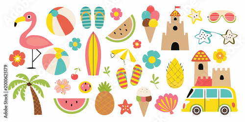 collection of cute flat vector summer icons on white background