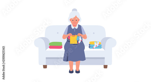 An elderly woman with grey hair sits on a comfortable white sofa while holding a yellow shirt and colorful socks with stacks of clothes nearby on couch.