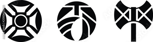 Set of Three Minimalist Vector Icons Featuring Geometric Emblem Abstract Symbol and Double Bladed Battle Axe