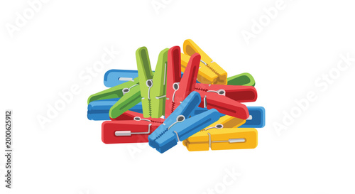 A disorganized collection of various plastic laundry clothespins is gathered in a messy pile against a plain white background with a bright and vibrant color palette.