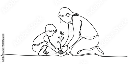 One line of a parent and child planting a small tree seedling together one line continuous line