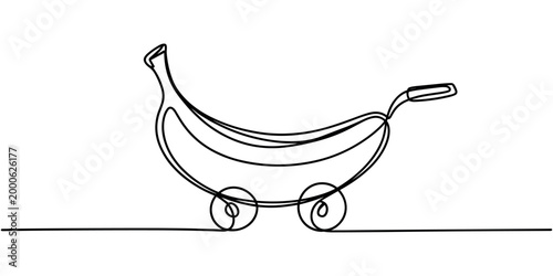 Single line of a banana shaped like a small cart on a flat surface carriage baby carriage stroller