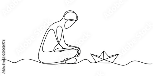 Single line of a person sitting next to a paper boat on wavy ground single line continuous line origami boat