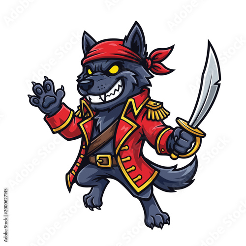 Pirate Wolf Character with Sword and Red Coat