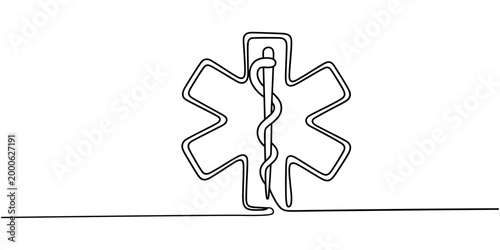 Single line of a Star of Life medical symbol with caduceus snake staff