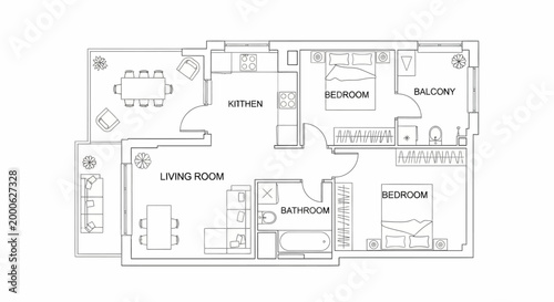 Detailed Architectural Floor Plan of a Two-Bedroom Apartment Layout with Living Room, Kitchen, Bathroom, and Balcony, isolated white background.