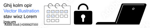 Data security, productivity management, scheduling tools, online work, privacy, workflow organization. A calendar, padlock and laptop icons in black. Data security and productivity management