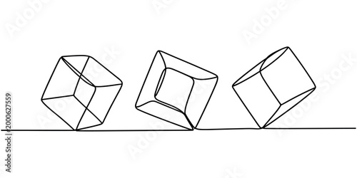 Three black line cubes tilted on a flat surface geometric shape shapes