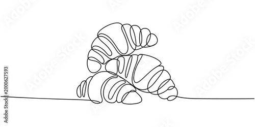 Three fresh croissants stacked in a continuous line style on a white background pastry baked goods breakfast