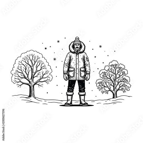Man in winter clothing standing in snowy landscape with trees