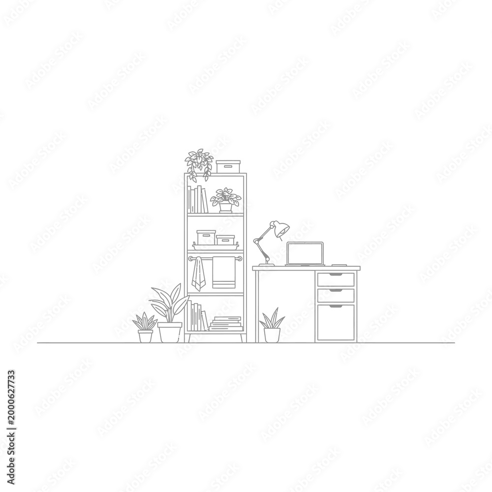 Naklejka premium Minimalist home office setup with desk, bookshelf, plants, and modern decor, perfect for remote work or study space