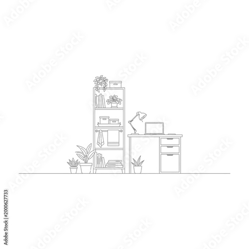 Minimalist home office setup with desk, bookshelf, plants, and modern decor, perfect for remote work or study space