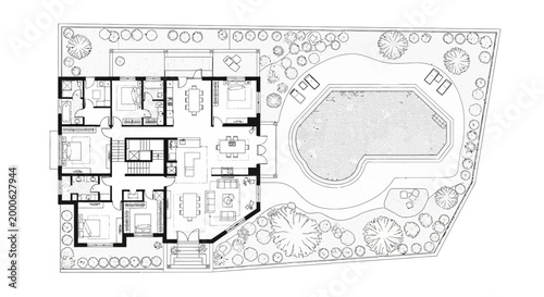 Luxury Villa Floor Plan Blueprint Featuring a Large Swimming Pool and Detailed Garden Landscape on Isolated White Background