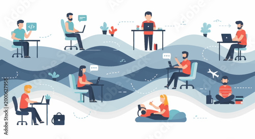 Diverse people working remotely in a stylized digital landscape.