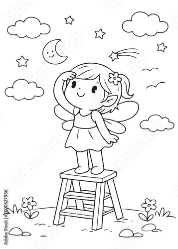 coloring book page fairy standing on a stool reaching for the stars with joyful confidence