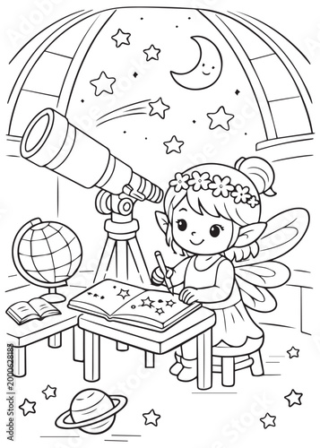 coloring book page fairy working at a telescope desk with a globe and celestial notes