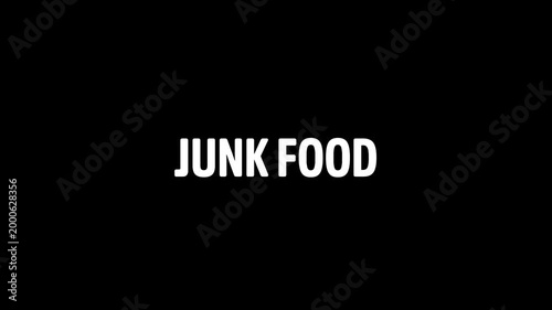 junk food prohibition sign animation, black background. Caution warning symbol, alert, error sign, security protection. junk food text looping animation. 4K Video motion graphic.
