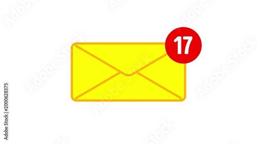 Email envelope with red count number notification badge in flat 2d style, clean motion animation asset isolated on transparent background with alpha channel
