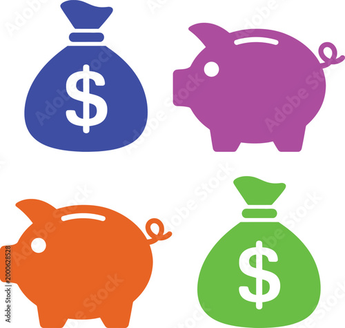 Four colorful icons representing savings and money concepts in a playful manner