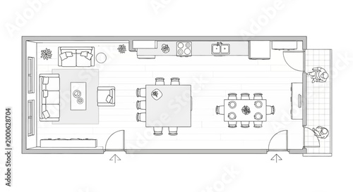 Top View Architectural Dining Room Floor Plan with Furniture Layout on Isolated White Background