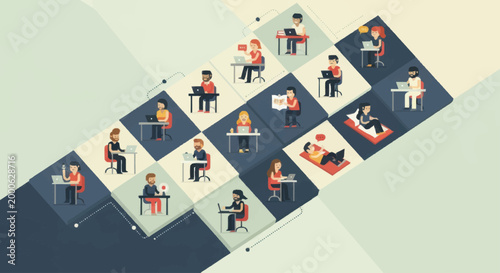 Diverse group of people working and relaxing in individual spaces.