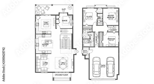 Detailed Two-Story House Floor Plan with Ground and First Floor Layouts on Isolated White Background
